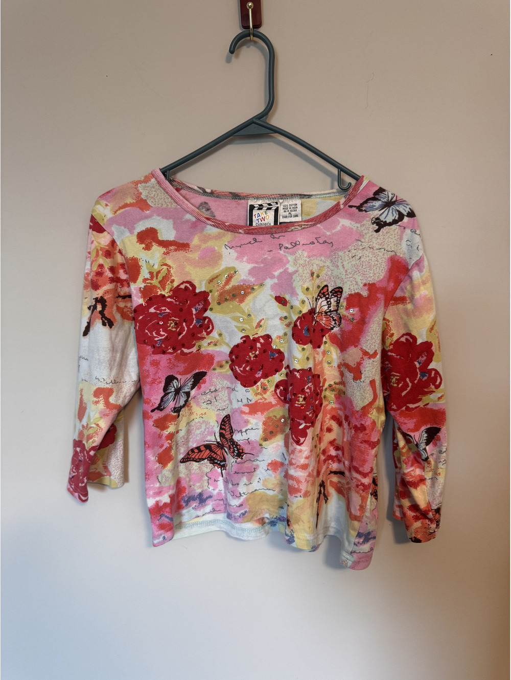VTG Take Two Clothing Co Y2K Top Butterfly Floral Rhinestone 3/4 Sleeve PL